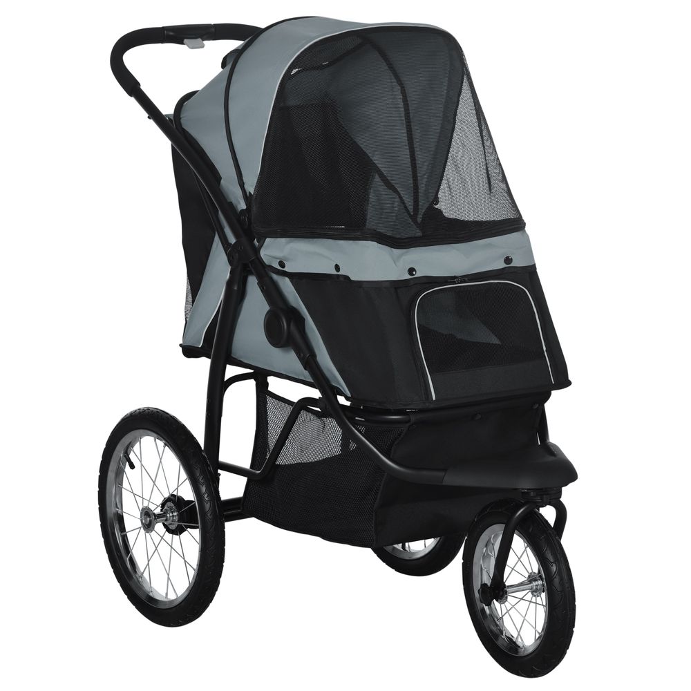 Poussette pour chien chat acier jogging promenade avec pare-soleil 111x58x107 cm gris
