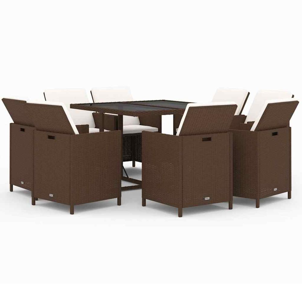 Ensemble à manger de jardin et coussins 9 pcs poly rotin marron