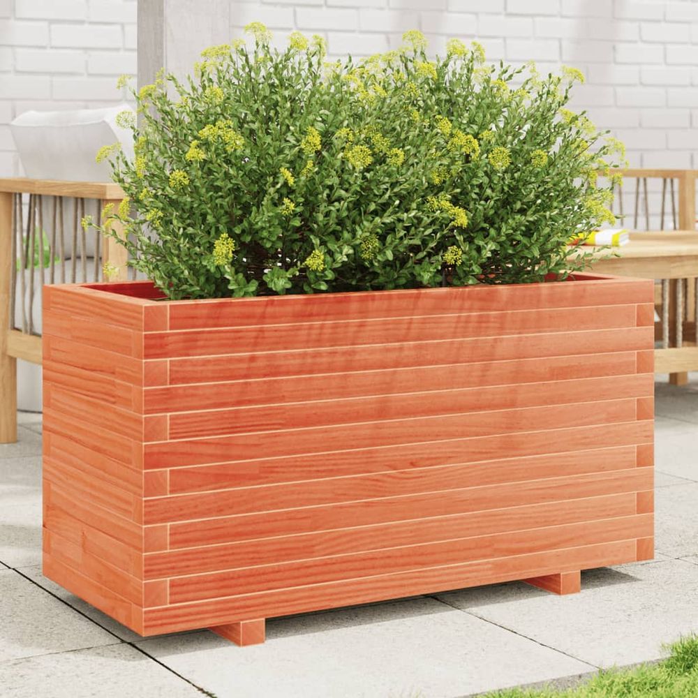 Grande jardinière bois massif cire marron 90x40cm pour terrasse