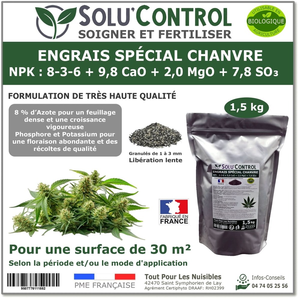 1500 g engrais spécial chanvre npk 8 3 6 stimule une croissance vigoureuse et un developpement harmonieux du chanvre uab