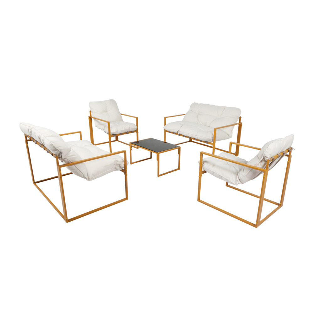 Salon de jardin 6 places contemporain marron et coussins beiges rabat