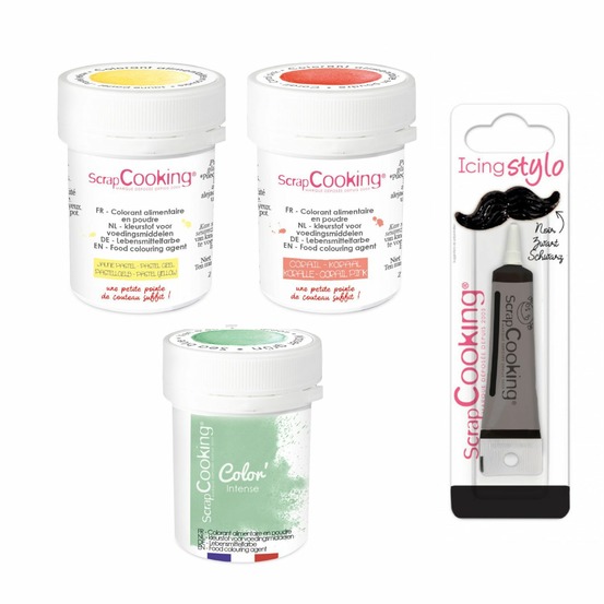 3 colorants alimentaires en poudre corail/ jaune pastel/ vert d'eau + stylo de glaçage noir