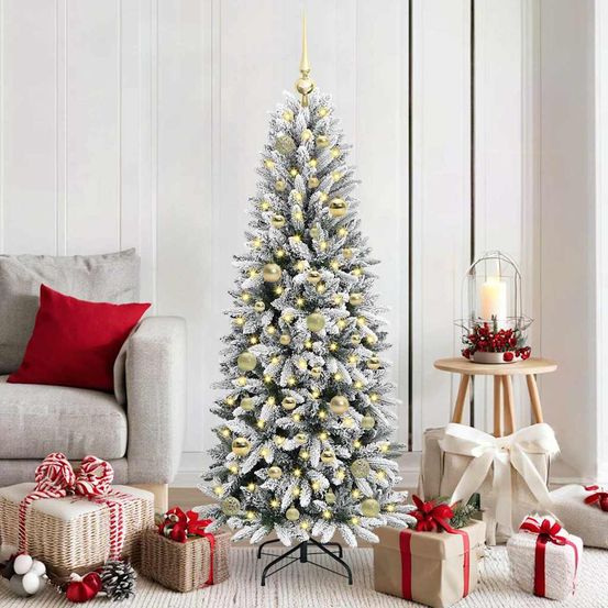 Sapin artificiel lumineux 150cm blanc, style enneigé avec 150 led et 61 décorations fournies