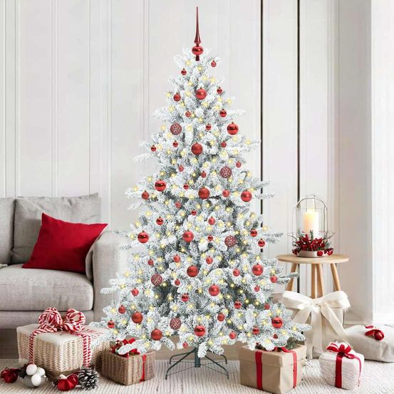 Sapin de noël blanc design 180 cm, kit déco complet avec lumières led et 120 ornements