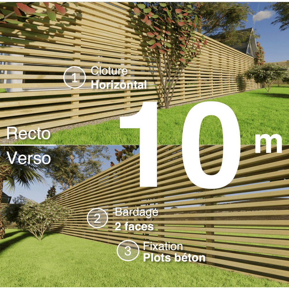 Kit clôture bois moderne 10m – h 1,9m – 45 x 45 mm autoclave – pose horizontal – double face – à sceller