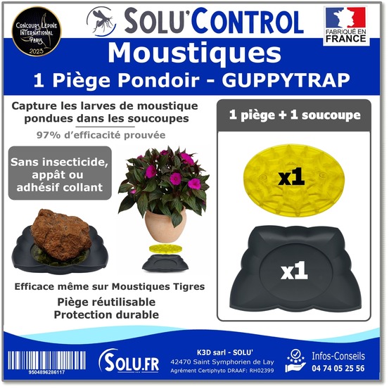 1 guppy trap + coupelle, piège pondoir à moustiques, sans adhésif, médaille d'argent concours lépine 2023