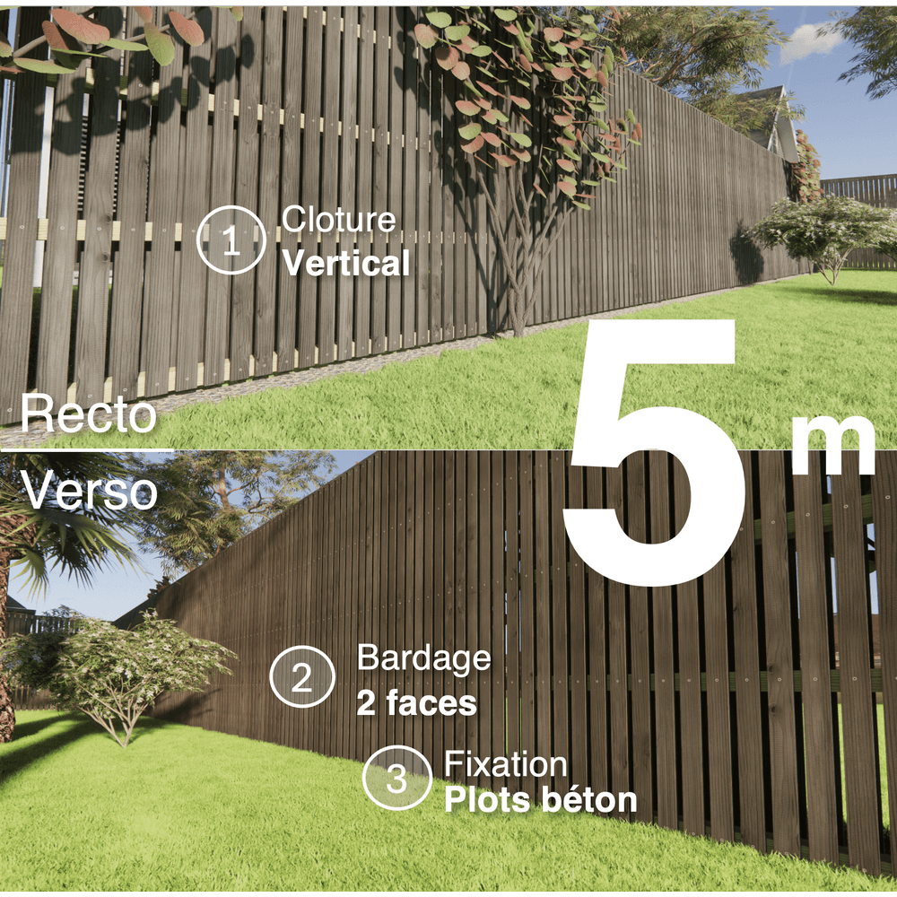 Kit clôture bois moderne 5m – h 2,3m – 20 x 70 mm noir par trempage – pose vertical – double face – à sceller