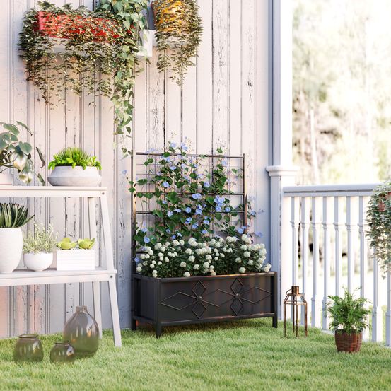 Jardinière surélevée avec treillis acier galvanisé pour plantes grimpantes 90x40x120cm noir