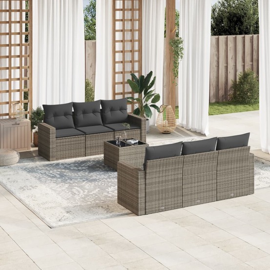 Salon de jardin avec coussins 7 pcs gris résine tressée