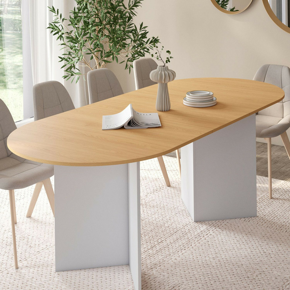 Table à manger extensible ovale marthe 6 -10 personnes bois façon hêtre et blanc 160-200 cm