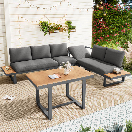 Salle à manger jardin: canapé angle, dossier réglable 5 positions, acier galvanisé, bois-plastique, table gris/noir