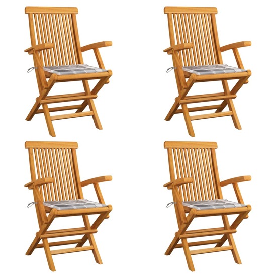 Chaises de jardin coussins à carreaux gris lot de 4 teck massif