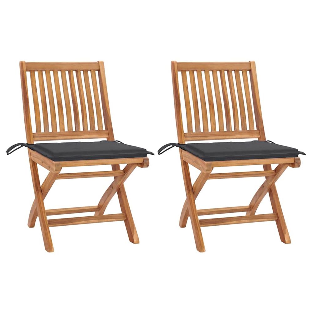 Chaises pliantes (lot de 2) avec coussins anthracite, en teck massif
