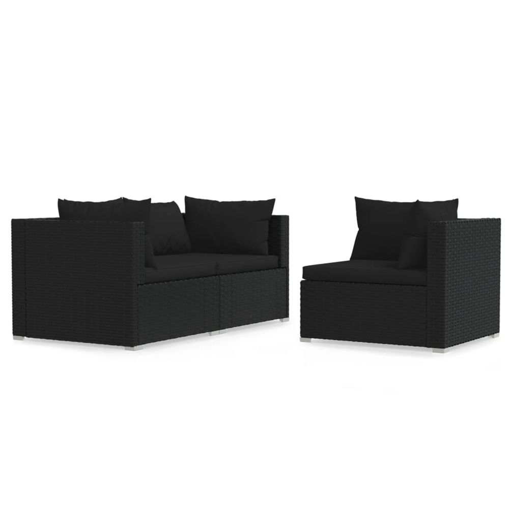 Salon de jardin 3 pcs avec coussins noir résine tressée