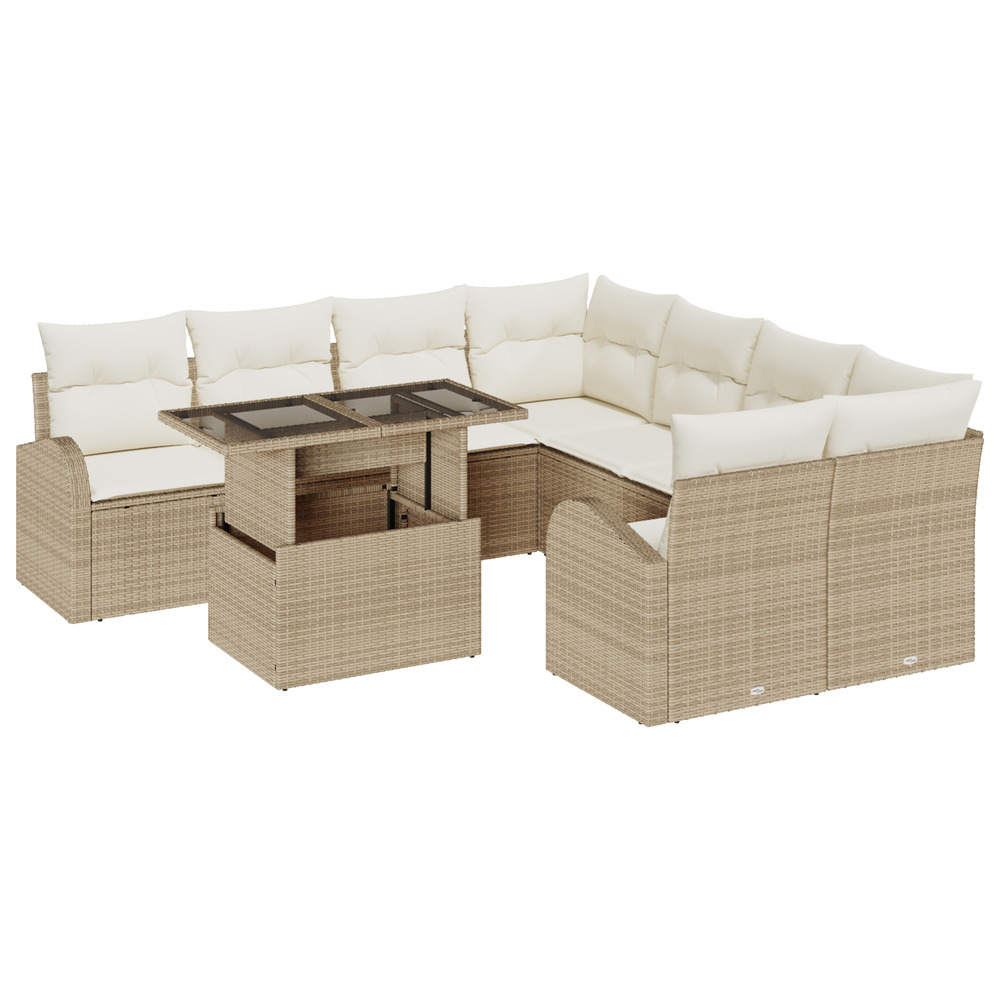 Ensemble de canapé de jardin 9 pièces avec coussins beige en rattan poly