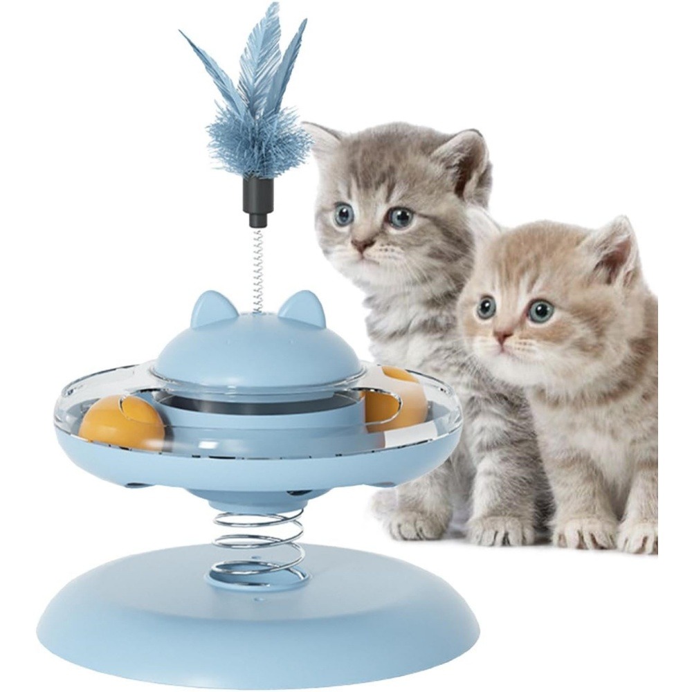 Canne à pêche pour chat-jouet plateau tournant pour chat-jouet interactif avec plumes, bleu