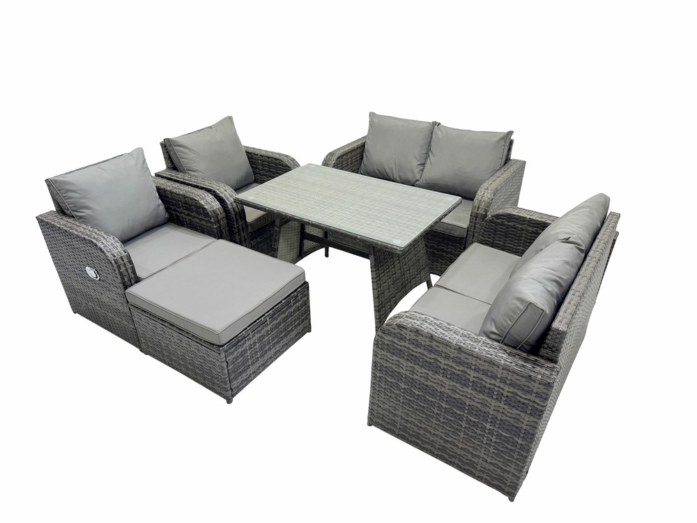 Ensemble de canapé en rotin extérieur avec table à manger rectangulaire grand tabouret gris foncé mixte