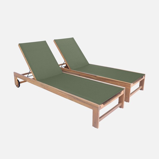 Lot de 2 bains de soleil en bois d'acacia et textilène multi positions avec roulettes