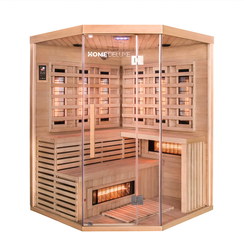 Home deluxe – cabine infrarouge sahara xxl – 150 x 150 x 200 cm - pour 2 à 3 personnes, 8 émetteurs à spectre complet, bois : pruche