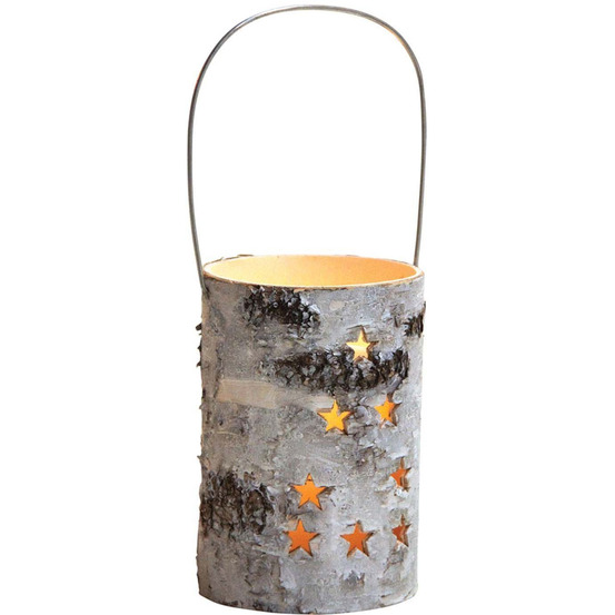 Photophore led en bouleau blanchi décor étoiles – lanterne lumineuse naturelle