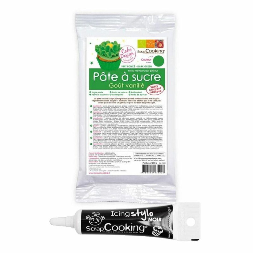 Pâte à sucre verte 250 g + stylo de glaçage noir