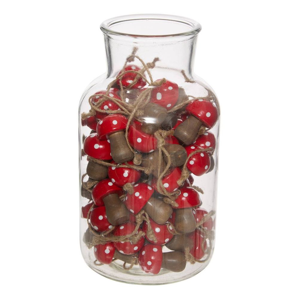 Décoration de sapin champignon en bois dans une jarre rouge