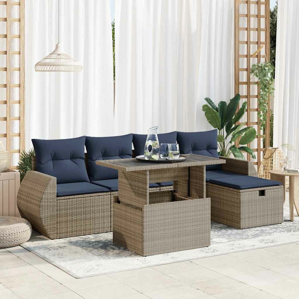 Salon de jardin avec coussins 6pcs gris résine tressée acacia