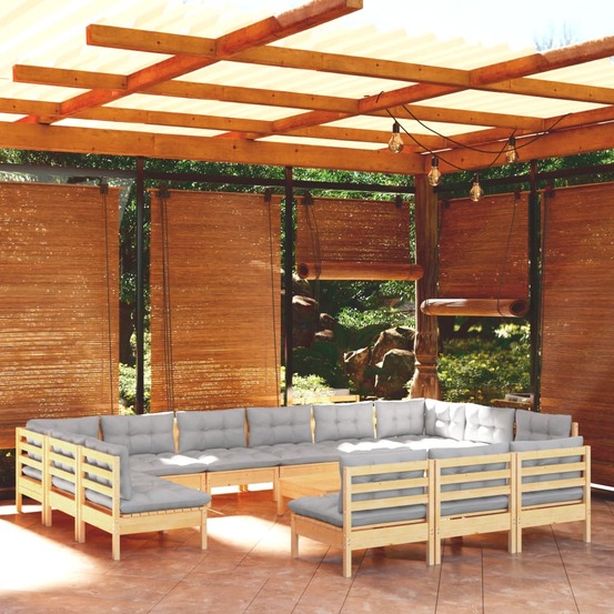 Salon de jardin 14 pcs avec coussins gris bois de pin solide