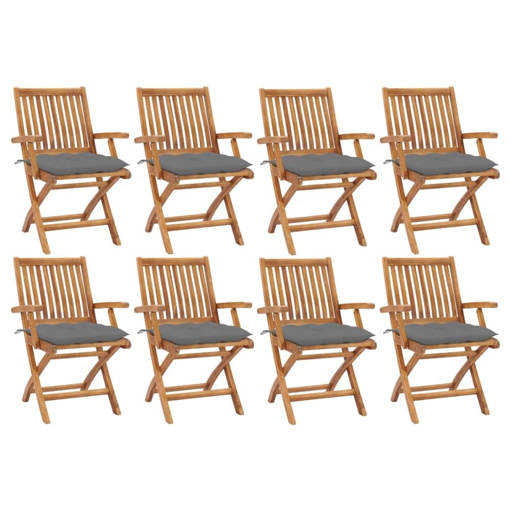 Chaises pliantes avec coussins, 8 pièces, en teck massif