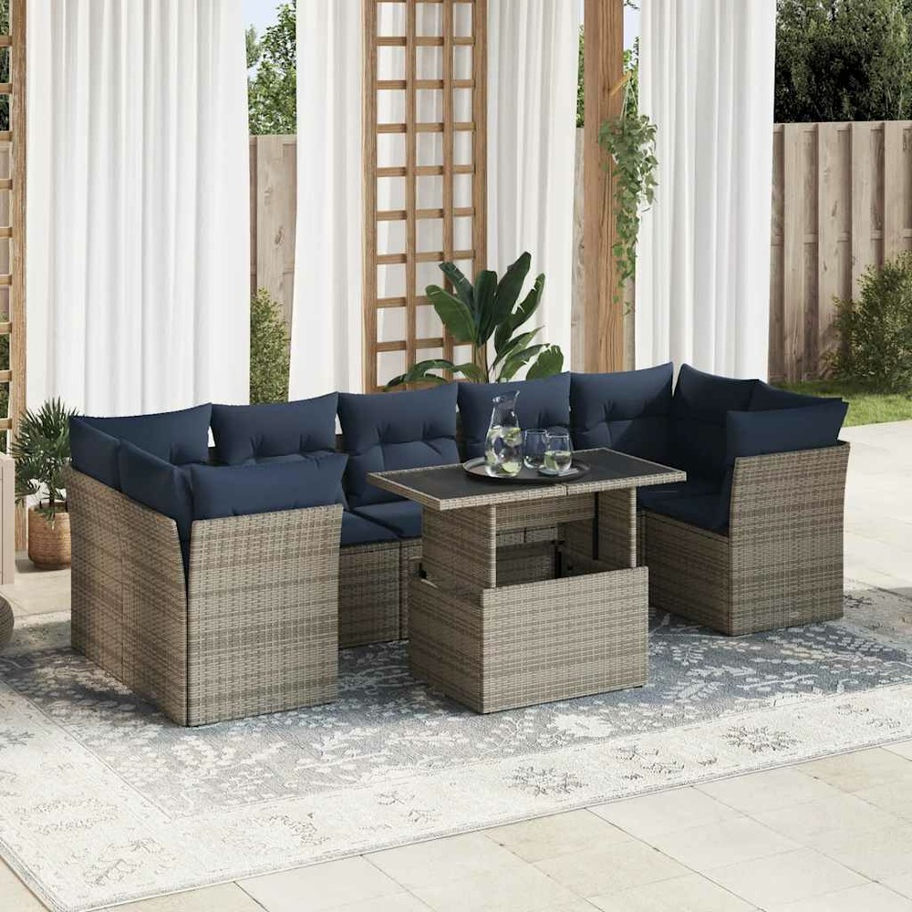 Salon de jardin avec coussins 8 pcs gris résine tressée acacia