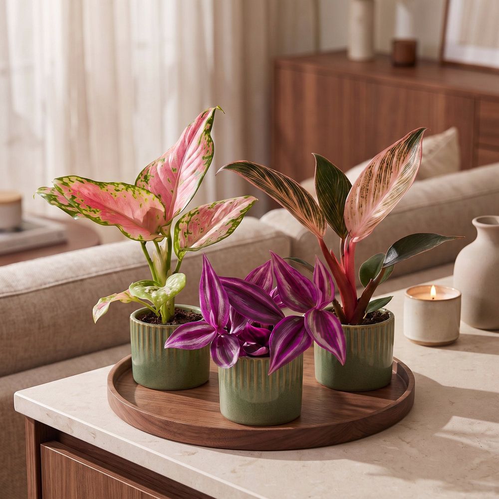 Lot de bébés plantes roses : tradescantia, philodendron et aglaonema - pot de 6cm - plantes d'intér - cuivre et turquoise - lot de 3