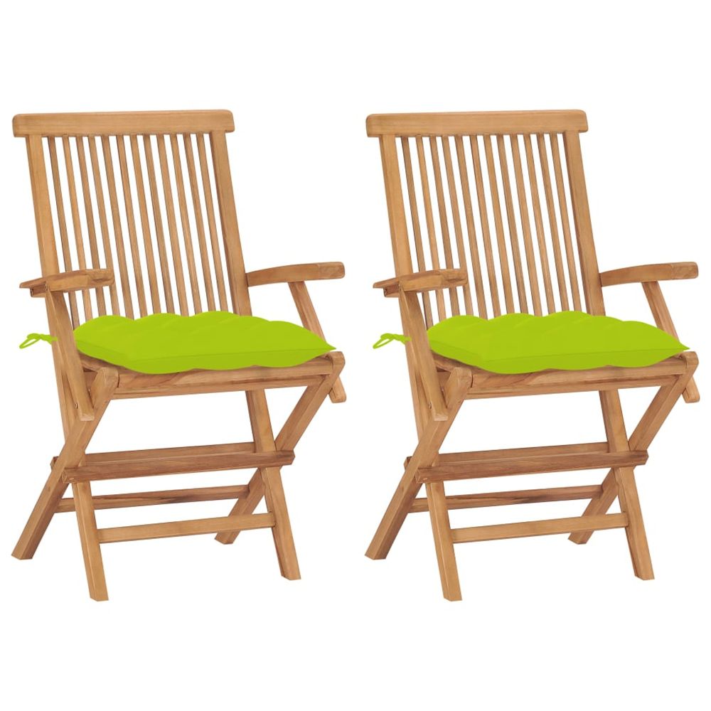 Chaises pliantes avec coussins vert vif, 2 pièces, en bois de teck massif