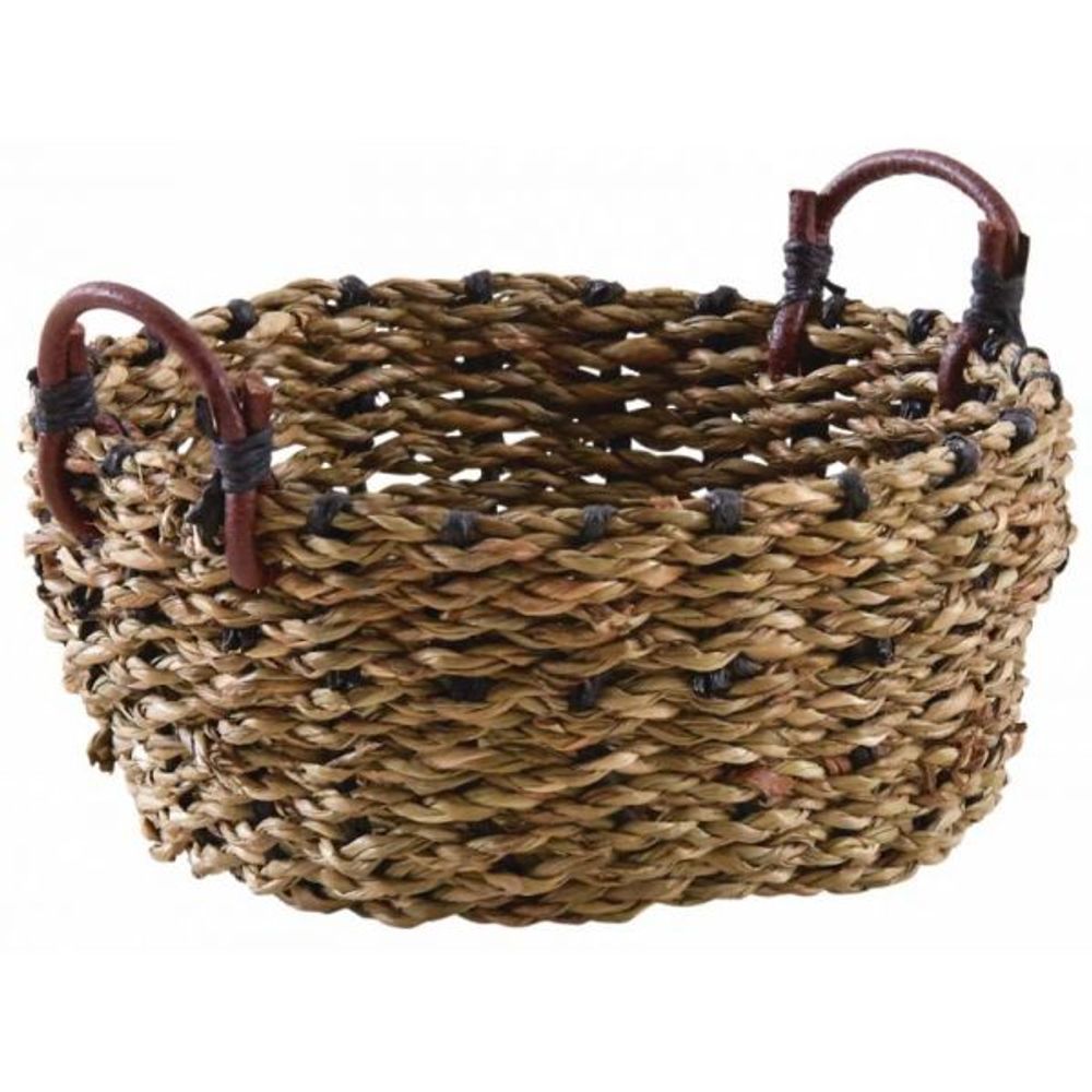 Corbeille ronde en jonc avec anses en cuir 14 cm