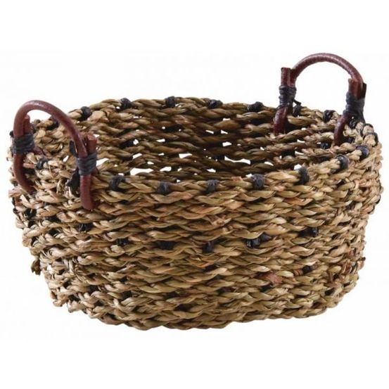 Corbeille ronde en jonc avec anses en cuir 14 cm