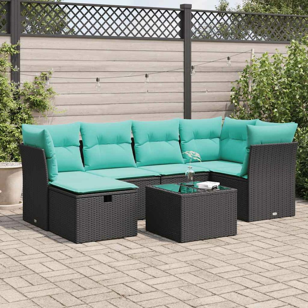 Salon de jardin 7 pcs avec coussins noir résine tressée