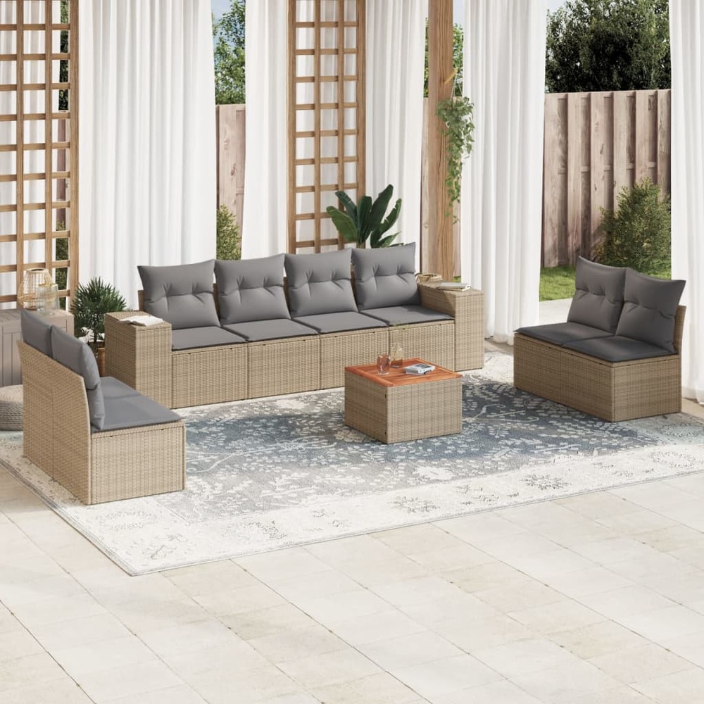 Salon de jardin avec coussins 9 pcs beige résine tressée