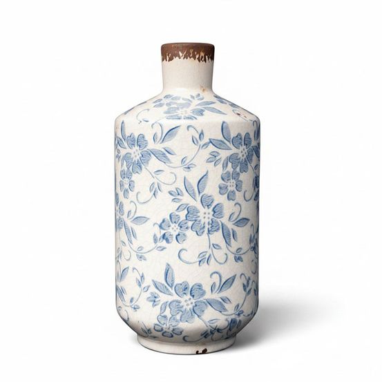 Vase bouteille bucolique fleuri blanc bleu grès 12x25cm