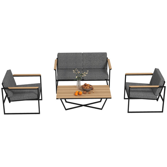 Mobilier de jardin 4 places : canapé 2 places + 2 fauteuils + coussins + table d'appoint, gris
