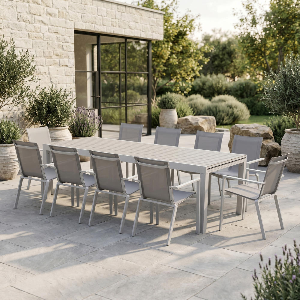 Ensemble tulum 10/14p en aluminium blanc et plateau en aluminium décors bois avec 10 fauteuils en textilène