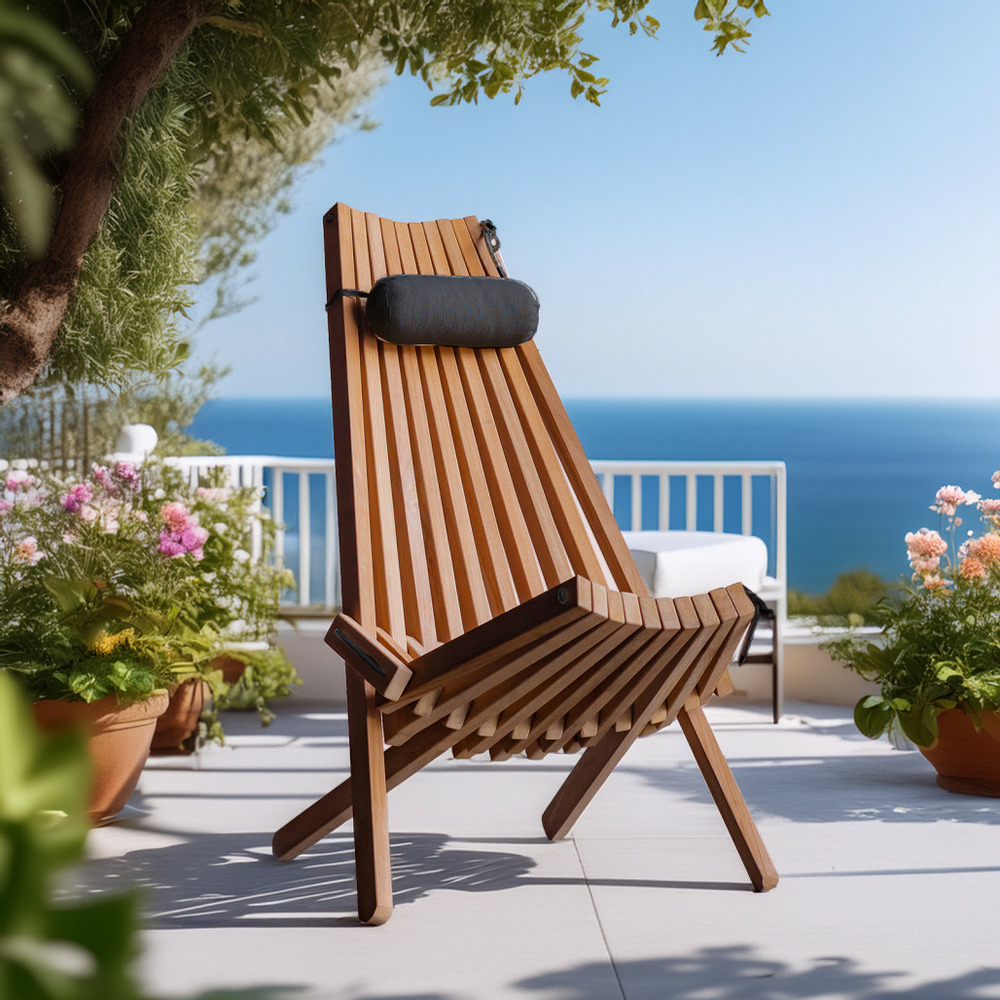 Chaise de jardin en teck avec coussin appuis tête gris relax