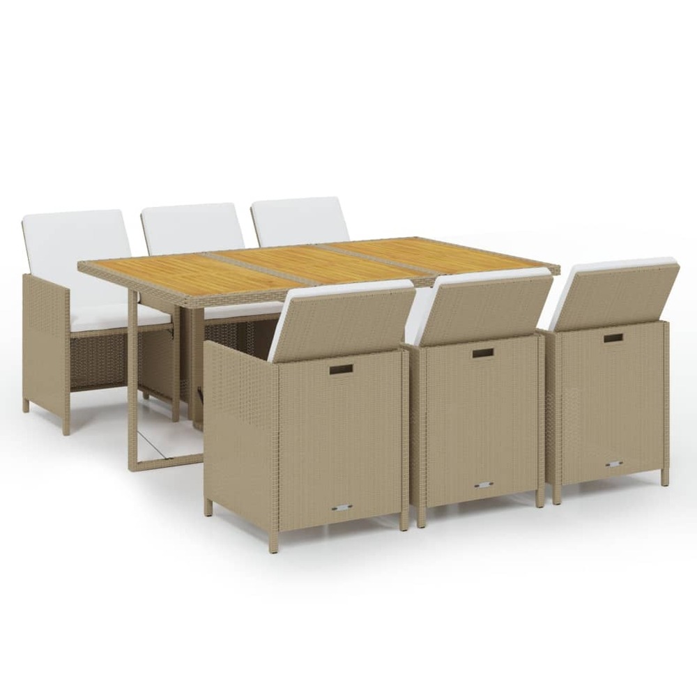 Ensemble à manger de jardin et coussins 7 pcs poly rotin beige
