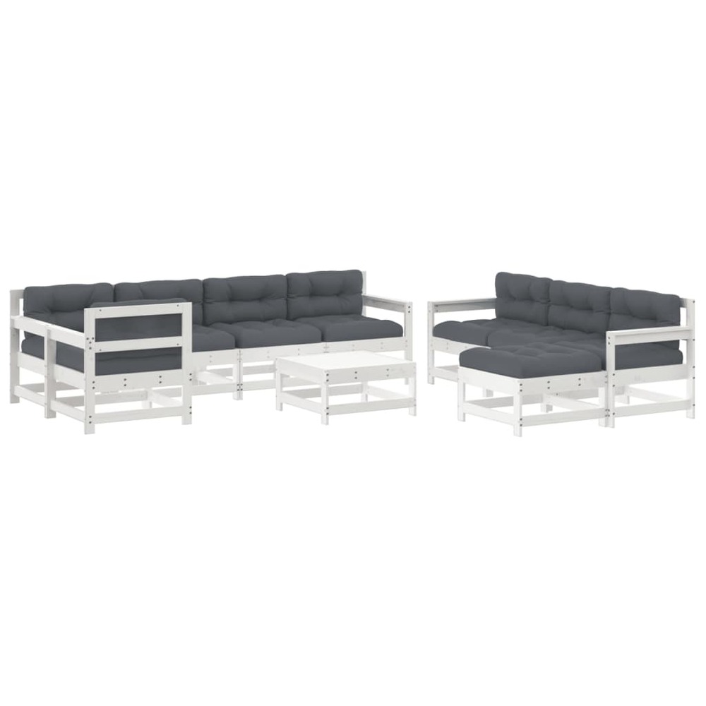 Salon de jardin 10 pcs avec coussins blanc bois massif