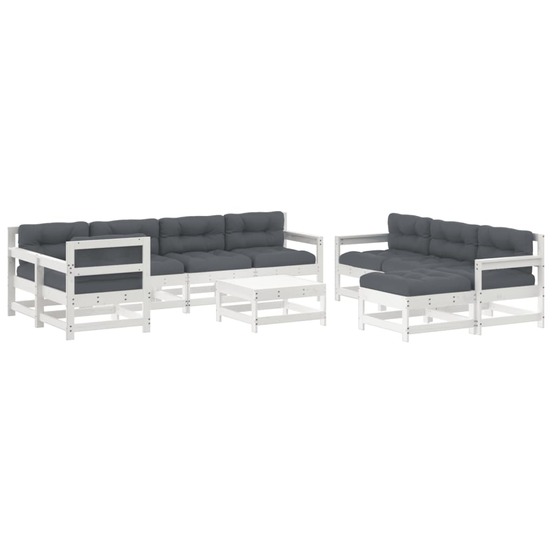Salon de jardin 10 pcs avec coussins blanc bois massif
