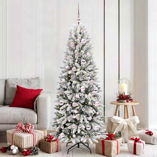Sapin de noël moderne blanc 180 cm, kit complet floqué avec lumières et 120 boules