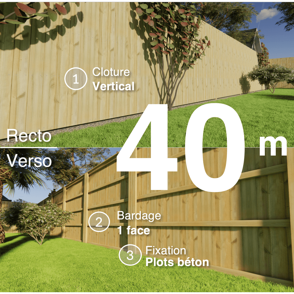Kit clôture bois moderne 40m – h 2,3m – 21 x 130 mm autoclave vert – pose vertical – simple face – à sceller