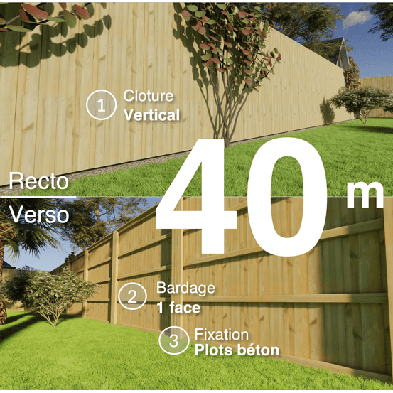 Kit clôture bois moderne 40m – h 2,3m – 21 x 130 mm autoclave vert – pose vertical – simple face – à sceller