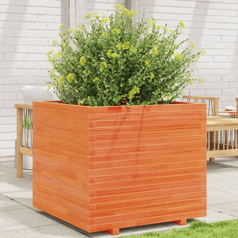 Grande jardinière carrée en pin massif cire marron 80x80x72 cm