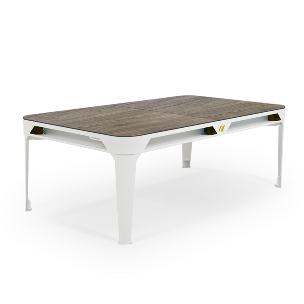 Billard d'extérieur convertible hyphen outdoor blanc / tapis gris clair / réceptacles : moutarde / plateaux : décor bois