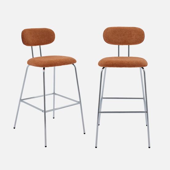2 tabourets de bar décor bois courbé teinté noyer et tissu déperlant, pieds métal chromé - l 44 x p 51 x h 103cm - erin