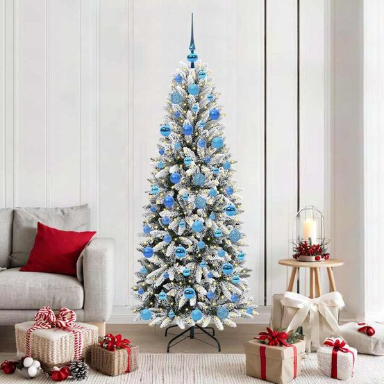 Sapin de noël artificiel enneigé 180 cm, kit complet avec 300 led et 120 boules blanches